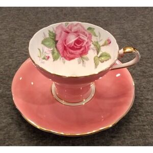 Aynsley Teacup & Saucer Pink Cabbage‎ Rose Corset Bone China Gold Gilt England